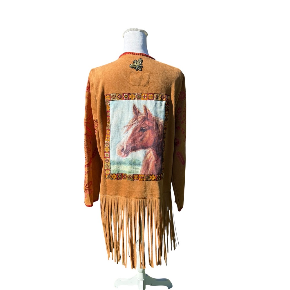 Lesal‎ Up-cycled Faux Suede Fringe Horse Jacket Brown Western Boho Medium
